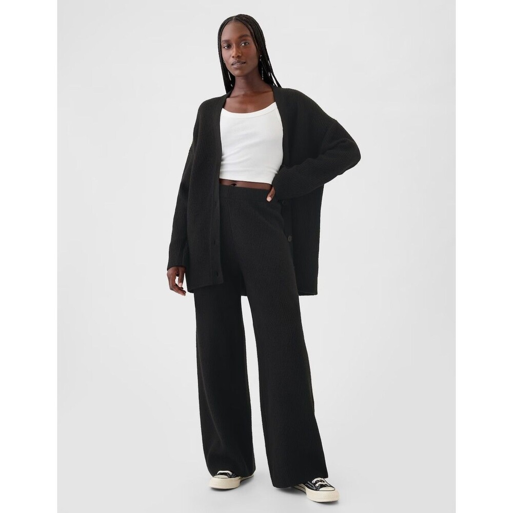 New Gap Large Pants CashSoft Shaker-Stitch Sweater Black Cotton Wide Leg Pull On